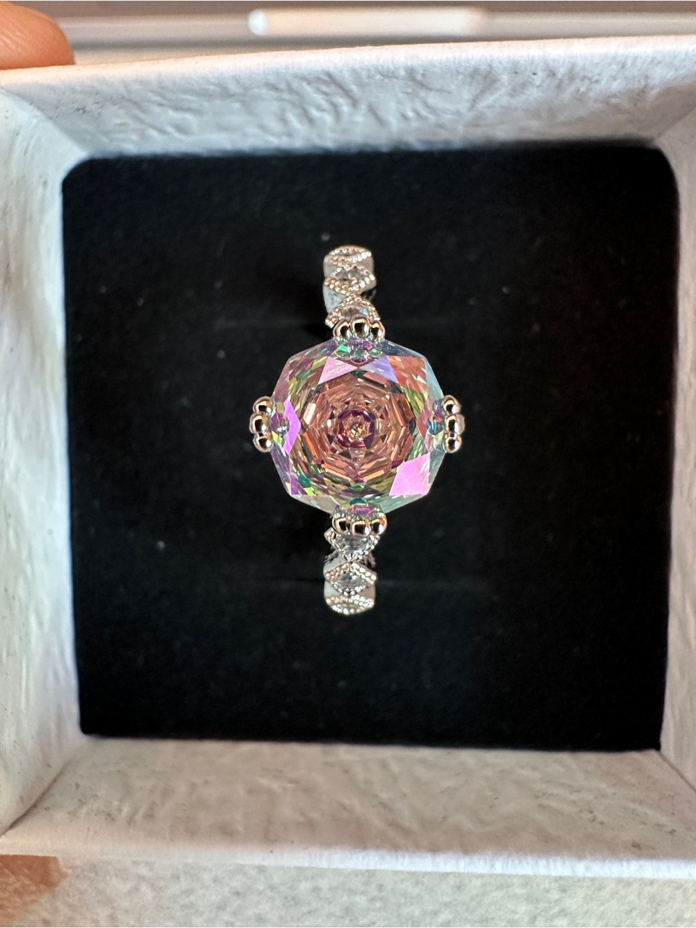 Silver Tone Iridescent Crystal‎ Statement Ring Rainbow Aurora Stone
